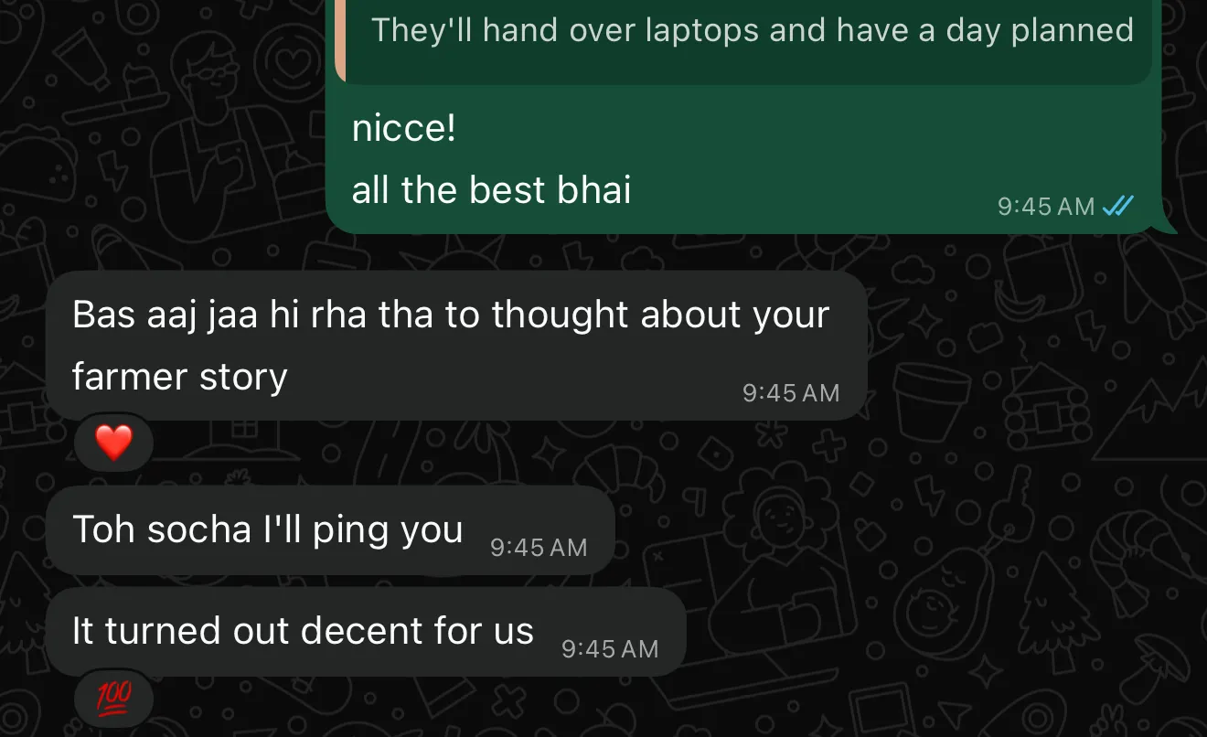 WhatsApp messages: a colleague writing that he was leaving and remembered the farmer story, ending with 'It turned out decent for us'